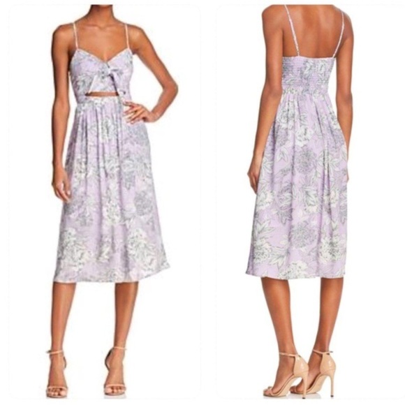 Bardot Ibiza Floral Midi Dress Tie Front Cutout Spring Boho Lavender Purple Sz 4 - Picture 2 of 11